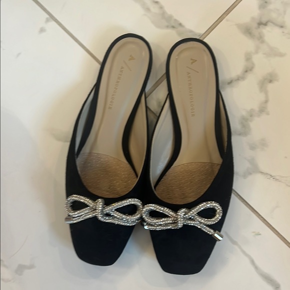 Anthropologie Shoes - Anthropologie Black Suede Slingback Mules with Rhinestone Bow
